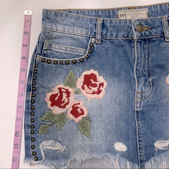 Free People Distressed Denim Mini Skirt with Floral Embroidery - Picture 7 of 7